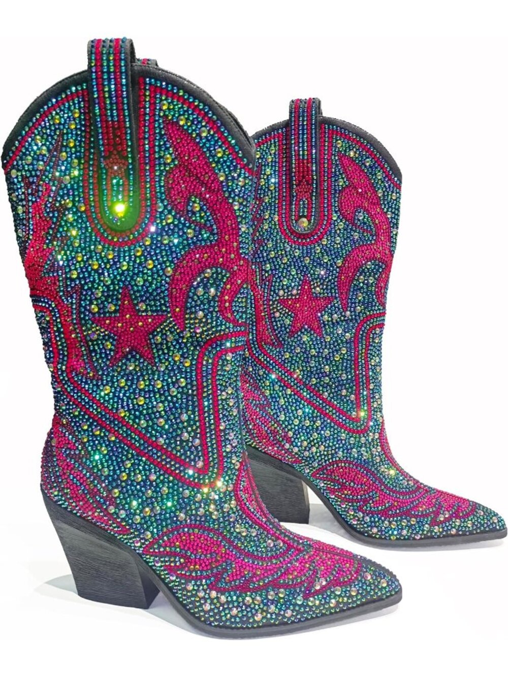 Women's Pink Multi Color Patterned Rhinestone Western Cowgirl Mid Calf Boots